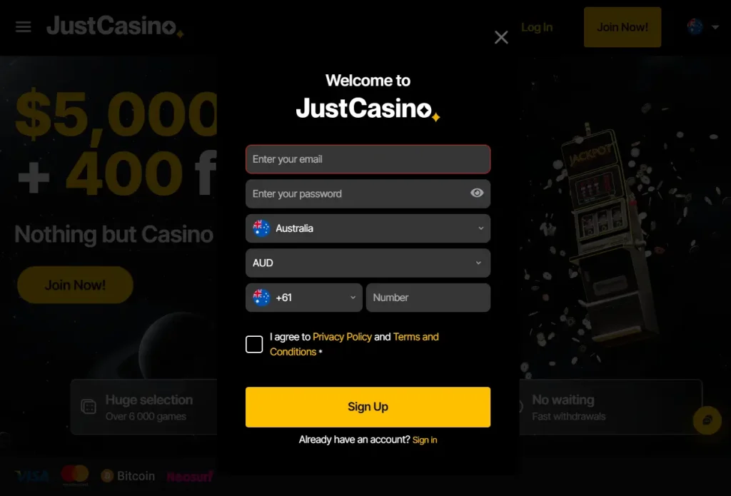 Registration for JustCasino No Deposit Bonus