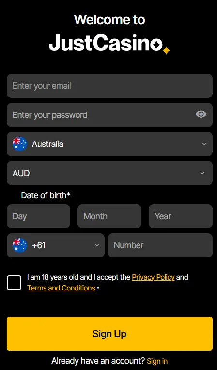 Registration Form to Get Just Casino Free Chip No Deposit Australia